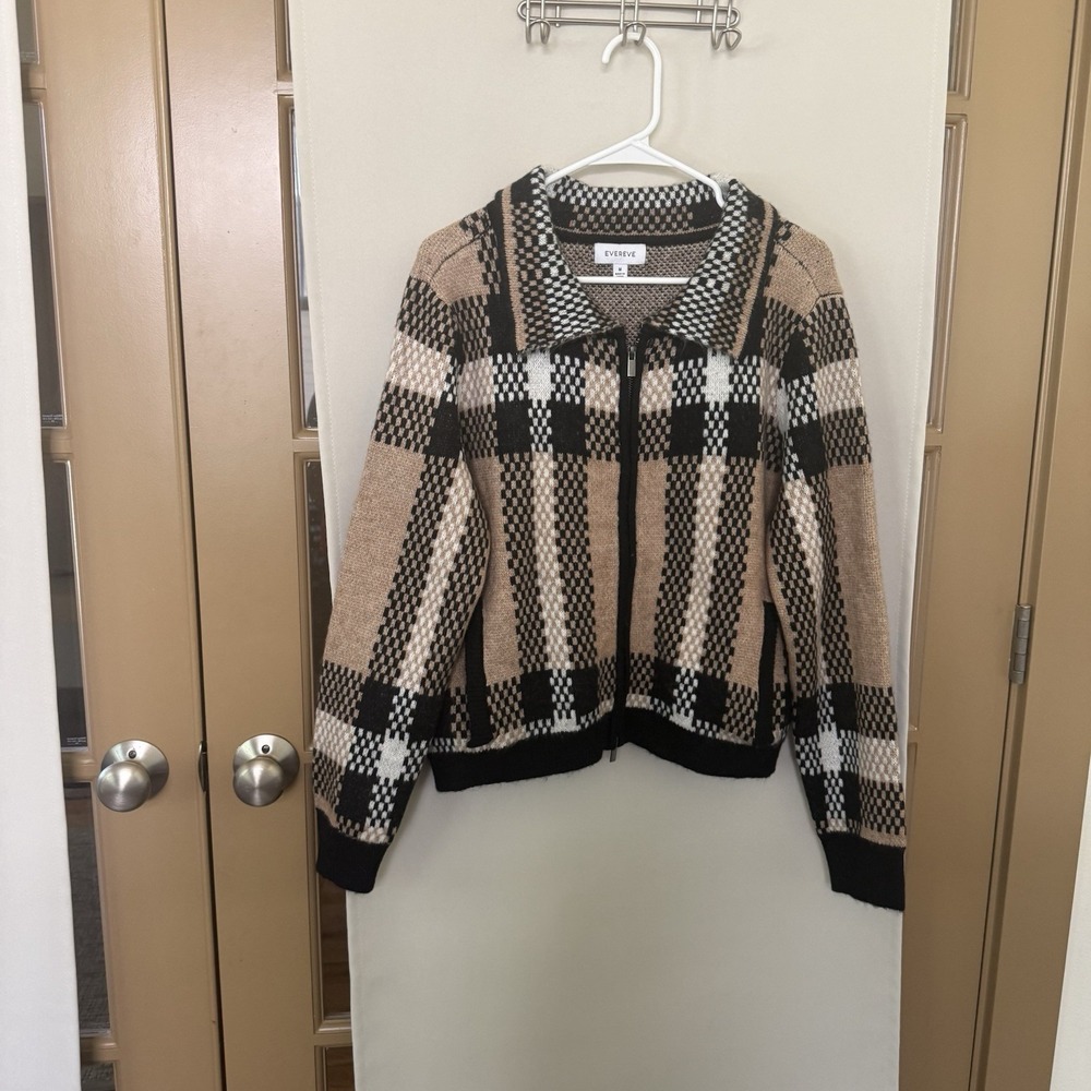Evereve Womens Medium Plaid‎ Lottie Full Zip Up Cardigan Collar Sweater Pockets